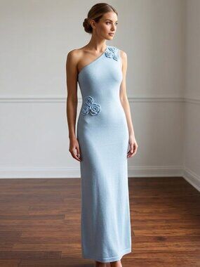 Light Blue One Shoulder Crochet Flower Knit Maxi Dress M